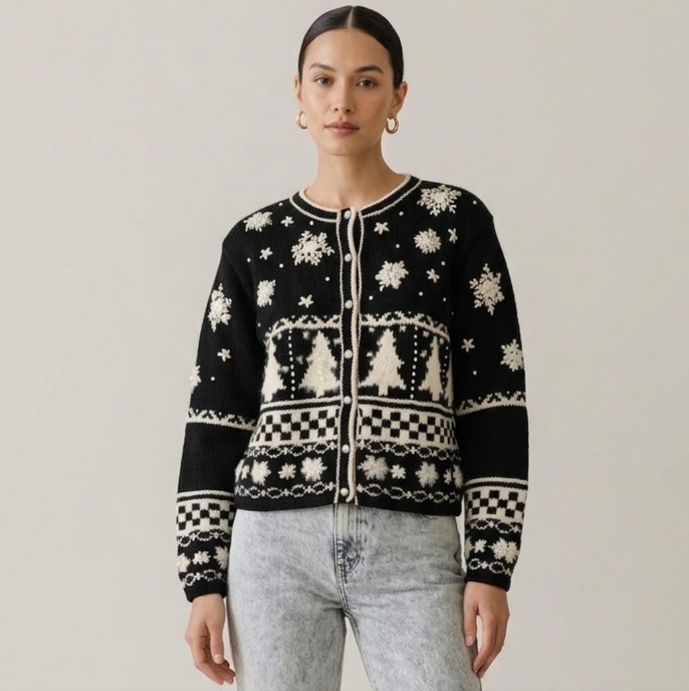 Vintage Talbots Pearl Lace Embroidered Snowflake Tree Knit Cardigan Sweater SZ L